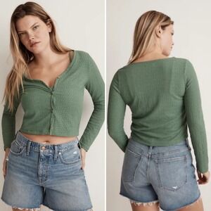 Madewell Crinkled Cardigan Top XL  green textured cropped button front boho